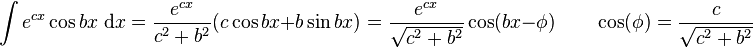 \int e^{cx}\cos bx\; \mathrm{d}x = \frac{e^{cx}}{c^2+b^2}(c\cos bx + b\sin bx) = \frac{e^{cx}}{\sqrt{c^2+b^2}}\cos(bx-\phi)\qquad \cos(\phi) = \frac{c}{\sqrt{c^2+b^2}} 