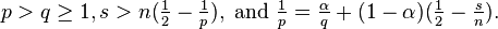 
p > q \geq 1, s > n ( \tfrac{1}{2} - \tfrac{1}{p} ), \text{ and } \tfrac{1}{p} = \tfrac{\alpha}{q} + (1 - \alpha) ( \tfrac{1}{2} - \tfrac{s}{n} ).
