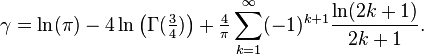 \gamma = \ln(\pi) - 4\ln\left(\Gamma(\tfrac34)\right) + \tfrac4{\pi}\sum_{k=1}^{\infty}(-1)^{k+1}\frac{\ln(2k+1)}{2k+1}.