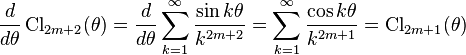 \frac{d}{d\theta}\operatorname{Cl}_{2m+2}(\theta) = \frac{d}{d\theta}\sum_{k=1}^\infty \frac{\sin k\theta }{k^{2m+2}}=\sum_{k=1}^\infty \frac{\cos k\theta }{k^{2m+1}}=\operatorname{Cl}_{2m+1}(\theta)