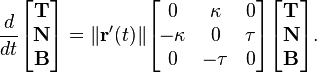 \frac{d}{dt} \begin{bmatrix}
\mathbf{T}\\
\mathbf{N}\\
\mathbf{B}
\end{bmatrix}
= \|\mathbf{r}'(t)\|
\begin{bmatrix}
0&\kappa&0\\
-\kappa&0&\tau\\
0&-\tau&0
\end{bmatrix}
\begin{bmatrix}
\mathbf{T}\\
\mathbf{N}\\
\mathbf{B}
\end{bmatrix}.
