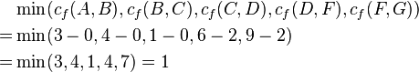 {\begin{aligned}&\min(c_{f}(A,B),c_{f}(B,C),c_{f}(C,D),c_{f}(D,F),c_{f}(F,G))\\=&\min(3-0,4-0,1-0,6-2,9-2)\\=&\min(3,4,1,4,7)=1\end{aligned}}