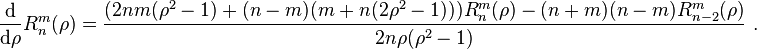 
\frac{\operatorname{d}}{\operatorname{d}\! \rho} R_n^m(\rho) = \frac{(2 n m (\rho^2 - 1) + (n-m)(m + n(2\rho^2 - 1))) R_n^m(\rho) - (n+m)(n-m) R_{n-2}^m(\rho)}{2 n \rho (\rho^2 - 1)} \text{ .}
