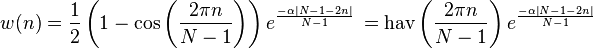 w(n)=\frac{1}{2}\left(1-\cos\left(\frac{2 \pi n}{N - 1}\right)\right)e^\frac{-\alpha\left|N - 1 - 2n\right|}{N - 1}\,=\operatorname{hav}\left(\frac{2 \pi n}{N - 1}\right)e^\frac{-\alpha\left|N - 1 - 2n\right|}{N - 1}\,