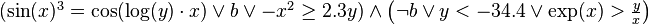 
\begin{array}{lr}
& (\sin(x)^3 = \cos(\log(y)\cdot x) \vee b \vee -x^2 \geq 2.3y) \wedge \left(\neg b \vee y < -34.4 \vee \exp(x) > {y \over x}\right)
\end{array}
