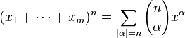 (x_1+\cdots+x_m)^n = \sum_{|\alpha|=n}{n \choose \alpha}x^\alpha