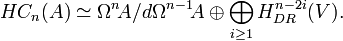  HC_n(A)\simeq \Omega^n\!A/d\Omega^{n-1}\!A\oplus \bigoplus_{i\geq 1}H^{n-2i}_{DR}(V).