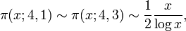 \pi(x;4,1)\sim\pi(x;4,3)\sim \frac{1}{2}\frac{x}{\log x},