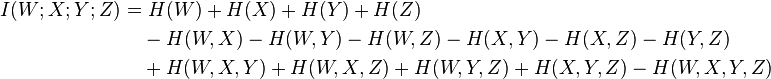 
\begin{align}
I(W;X;Y;Z) = &\   H(W)+H(X)+H(Y)+H(Z) \\
\ & -  H(W,X)-H(W,Y)-H(W,Z)-H(X,Y)-H(X,Z)-H(Y,Z)  \\
\ & +  H(W,X,Y)+H(W,X,Z)+H(W,Y,Z)+H(X,Y,Z)-H(W,X,Y,Z)  
\end{align}
