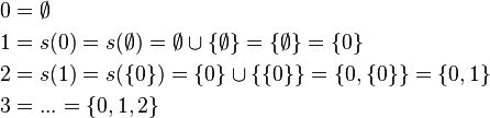 \begin{align}
0 &= \emptyset \\
1 &= s(0) = s(\emptyset) = \emptyset \cup \{ \emptyset \} = \{ \emptyset \} = \{ 0 \} \\
2 &= s(1) = s(\{ 0 \}) = \{ 0 \} \cup \{ \{ 0 \} \} = \{ 0 , \{ 0 \} \} = \{ 0, 1 \} \\
3 &= ... = \{ 0, 1, 2 \}
\end{align}