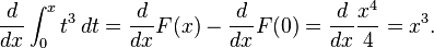 \frac{d}{dx} \int_0^x t^3\, dt = \frac{d}{dx} F(x) - \frac{d}{dx} F(0) = \frac{d}{dx} \frac{x^4}{4} = x^3.