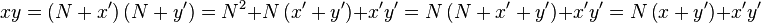 x y = \left(N+x'\right)\left(N+y'\right) =N^2 + N\left(x'+y'\right) + x'y' = N\left(N+x'+y'\right)+x'y' = N\left(x +y'\right)+x'y'