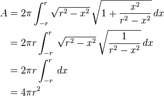 {\begin{aligned}A&{}=2\pi \int _{-r}^{r}{\sqrt {r^{2}-x^{2}}}\,{\sqrt {1+{\frac {x^{2}}{r^{2}-x^{2}}}}}\,dx\\&{}=2\pi r\int _{-r}^{r}\,{\sqrt {r^{2}-x^{2}}}\,{\sqrt {\frac {1}{r^{2}-x^{2}}}}\,dx\\&{}=2\pi r\int _{-r}^{r}\,dx\\&{}=4\pi r^{2}\,\end{aligned}}