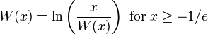 W(x) = \ln\left(\frac{x}{W(x)}\right)\text{ for }x\geq-1/e