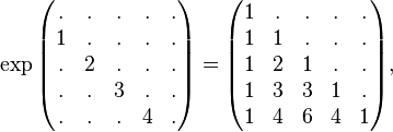 
\exp\begin{pmatrix}
. & . & . & . & . \\
1 & . & . & . & . \\
. & 2 & . & . & . \\
. & . & 3 & . & . \\
. & . & . & 4 & .
\end{pmatrix} =
\begin{pmatrix}
1 & . & . & . & . \\
1 & 1 & . & . & . \\
1 & 2 & 1 & . & . \\
1 & 3 & 3 & 1 & . \\
1 & 4 & 6 & 4 & 1
\end{pmatrix}, 