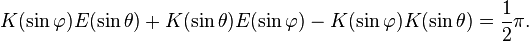 K(\sin \varphi) E(\sin \theta ) + K(\sin \theta ) E(\sin \varphi) - K(\sin \varphi) K(\sin \theta) = {1 \over 2}\pi.\!