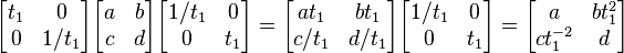 
\begin{bmatrix}
t_1 & 0\\
0 & 1/t_1\\
\end{bmatrix}
\begin{bmatrix}
a & b\\
c & d\\
\end{bmatrix}
\begin{bmatrix}
1/t_1 & 0\\
0 & t_1\\
\end{bmatrix}
=
\begin{bmatrix}
a t_1 & b t_1 \\
c / t_1 & d / t_1\\
\end{bmatrix}
\begin{bmatrix}
1 / t_1 & 0\\
0       & t_1\\
\end{bmatrix}
=
\begin{bmatrix}
a       & b t_1^2\\
c t_1^{-2} & d\\
\end{bmatrix}
