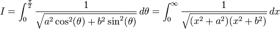 I = \int _0^{\frac{\pi}{2}}\frac{1}{\sqrt{a^2 \cos^2(\theta) + b^2 \sin^2(\theta)}} \, d \theta = \int _0^\infty \frac{1}{\sqrt{(x^2 + a^2) (x^2 + b^2)}} \, dx