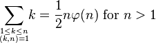 \sum_{1\le k\le n \atop (k,n)=1}\!\!k = \frac{1}{2}n\varphi(n)\text{ for }n>1