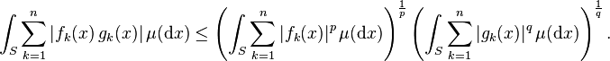  \int_S \sum_{k=1}^n|f_k(x)\,g_k(x)|\,\mu(\mathrm{d}x) \le \left(\int_S\sum_{k=1}^n|f_k(x)|^p\,\mu(\mathrm{d}x)\right)^{\frac{1}{p}}\left(\int_S\sum_{k=1}^n|g_k(x)|^q\,\mu(\mathrm{d}x)\right)^{\frac{1}{q}}.