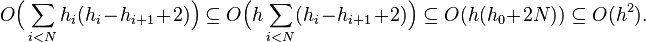 
O\Big(\sum_{i<N}h_i(h_i-h_{i+1}+2)\Big)\subseteq O\Big(h\sum_{i<N}(h_i-h_{i+1}+2)\Big)\subseteq O(h(h_0+2N))\subseteq O(h^2).