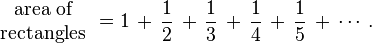 
\begin{array}{c}
\text{area of}\\
\text{rectangles}
\end{array}
= 1 \,+\, \frac{1}{2} \,+\, \frac{1}{3} \,+\, \frac{1}{4} \,+\, \frac{1}{5} \,+\, \cdots.
