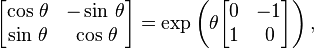 \begin{bmatrix}
\cos\,\theta & -\sin\,\theta \\
\sin\,\theta & \,\cos\,\theta \end{bmatrix}=
\exp\left( \theta
\begin{bmatrix}
0 & -1 \\
1  &\,0 \end{bmatrix}
\right),
