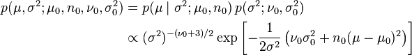 \begin{align}
p(\mu,\sigma^2; \mu_0, n_0, \nu_0,\sigma_0^2) &= p(\mu\mid\sigma^2; \mu_0, n_0)\,p(\sigma^2; \nu_0,\sigma_0^2) \\
&\propto (\sigma^2)^{-(\nu_0+3)/2} \exp\left[-\frac{1}{2\sigma^2}\left(\nu_0\sigma_0^2 + n_0(\mu-\mu_0)^2\right)\right]
\end{align}