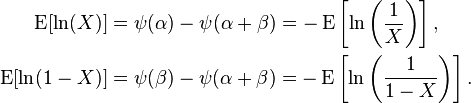 \begin{align}
\operatorname{E}[\ln(X)] &= \psi(\alpha) - \psi(\alpha + \beta)= - \operatorname{E}\left[\ln \left (\frac{1}{X} \right )\right],\\
\operatorname{E}[\ln(1-X)] &=\psi(\beta) - \psi(\alpha + \beta)= - \operatorname{E} \left[\ln \left (\frac{1}{1-X} \right )\right].
\end{align}