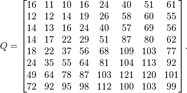 Q=
\begin{bmatrix}
 16 & 11 & 10 & 16 & 24 & 40 & 51 & 61 \\
 12 & 12 & 14 & 19 & 26 & 58 & 60 & 55 \\
 14 & 13 & 16 & 24 & 40 & 57 & 69 & 56 \\
 14 & 17 & 22 & 29 & 51 & 87 & 80 & 62 \\
 18 & 22 & 37 & 56 & 68 & 109 & 103 & 77 \\
 24 & 35 & 55 & 64 & 81 & 104 & 113 & 92 \\
 49 & 64 & 78 & 87 & 103 & 121 & 120 & 101 \\
 72 & 92 & 95 & 98 & 112 & 100 & 103 & 99
\end{bmatrix}.
