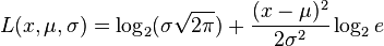 L(x, \mu, \sigma) = \log_2(\sigma\sqrt{2\pi}) + \frac{(x-\mu)^2}{2\sigma^2}  \log_2 e