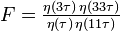 F = \tfrac{\eta(3\tau)\,\eta(33\tau)}{\eta(\tau)\,\eta(11\tau)}