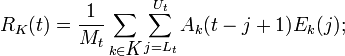 
R_{ K}(t) = \frac{1}{M_t} \sum_{k\in {\textit K}} \sum_{j={L_t}}^{U_t}
A_k(t-j+1)E_k(j);
