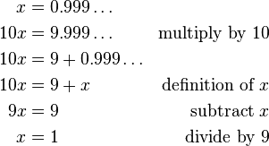 
\begin{align}
    x &= 0.999\ldots \\
10x &= 9.999\ldots & \text{multiply by }10\\
   10x &= 9+0.999\ldots \\
   10x &= 9 + x & \text{definition of }x\\
   9x &= 9 & \text{subtract }x\\
    x &= 1 & \text{divide by }9
\end{align}
