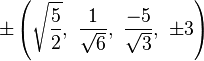 \pm \left({\sqrt {\frac {5}{2}}},\ {\frac {1}{\sqrt {6}}},\ {\frac {-5}{\sqrt {3}}},\ \pm 3\right)