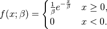 f(x;\beta) = \begin{cases}
\frac{1}{\beta} e^{-\frac{x}{\beta}} & x \ge 0, \\
0 & x < 0.
\end{cases}