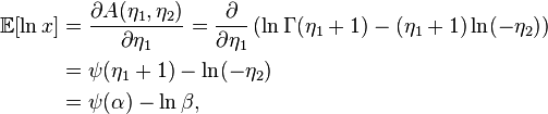 \begin{align}
\mathbb{E}[\ln x] &= \frac{ \partial A(\eta_1,\eta_2) }{ \partial \eta_1 } = \frac{ \partial }{ \partial \eta_1 } \left(\ln\Gamma(\eta_1+1) - (\eta_1+1) \ln(-\eta_2)\right) \\
&= \psi(\eta_1+1) - \ln(-\eta_2) \\
&= \psi(\alpha) - \ln \beta,
\end{align}