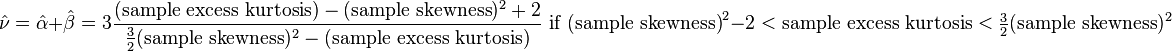 \hat{\nu} = \hat{\alpha} + \hat{\beta} = 3\frac{(\text{sample excess kurtosis})  - (\text{sample skewness})^2+2}{\frac{3}{2} (\text{sample skewness})^2 - \text{(sample excess kurtosis)}}\text{ if (sample skewness)}^2-2< \text{sample excess kurtosis}< \tfrac{3}{2} (\text{sample skewness})^2