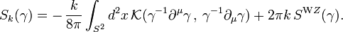 S_k(\gamma)= - \,  \frac {k}{8\pi} \int_{S^2} d^2x\, 
\mathcal{K} (\gamma^{-1} \partial^\mu \gamma \,  , \,   
\gamma^{-1} \partial_\mu \gamma) + 2\pi k\, S^{\mathrm WZ}(\gamma).