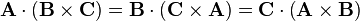  \mathbf{A}\cdot\left(\mathbf{B}\times\mathbf{C}\right)=\mathbf{B}\cdot\left(\mathbf{C}\times\mathbf{A}\right)=\mathbf{C}\cdot\left(\mathbf{A}\times\mathbf{B}\right)