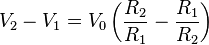 V_{2}-V_{1}=V_{0}\left( \frac{R_{2}}{R_{1}}-\frac{R_{1}}{R_{2}}\right)