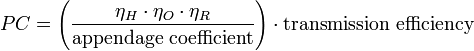 PC = \left(\frac {\eta_H \cdot \eta_O \cdot \eta_R}{\mbox{appendage coefficient}}\right) \cdot \mbox{transmission efficiency}