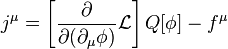 j^\mu=\left[\frac{\partial}{\partial
(\partial_\mu\phi)}\mathcal{L}\right]Q[\phi]-f^\mu