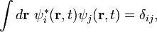 
\int d\mathbf r\ \psi_i^*(\mathbf r,t) \psi_j(\mathbf r,t) = \delta_{ij},
