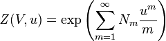 
\mathit{Z} (V,u) = \exp 
\left( \sum_{m=1}^{\infty} N_m \frac{u^m}{m} \right)
