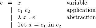 
  \begin{array}{lrll}
  e & =     & x                                   & \textrm{variable}\\
    & \vert & e_1\ e_2                                & \textrm{application}\\
    & \vert & \lambda\ x\ .\ e                    & \textrm{abstraction} \\
    & \vert & \mathtt{let}\ x = e_1\ \mathtt{in}\ e_2 \\
  \end{array}
  