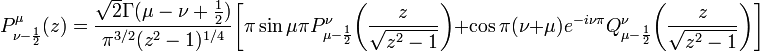 
P_{\nu-\frac12}^\mu(z)=\frac{\sqrt{2}\Gamma(\mu-\nu+\frac12)}{\pi^{3/2}(z^2-1)^{1/4}}\biggl[
\pi\sin\mu\pi P_{\mu-\frac12}^\nu\biggl(\frac{z}{\sqrt{z^2-1}}\biggr)+\cos\pi(\nu+\mu)e^{-i\nu\pi}Q_{\mu-\frac12}^\nu\biggl(\frac{z}{\sqrt{z^2-1}}\biggr)\biggr]
