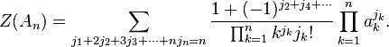  Z(A_n) =
\sum_{j_1+2 j_2 + 3 j_3 + \cdots + n j_n = n}
\frac{1 + (-1)^{j_2+j_4+\cdots}}{\prod_{k=1}^n k^{j_k} j_k!} \prod_{k=1}^n a_k^{j_k}.
