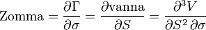 \text{Zomma} = \frac{\partial \Gamma}{\partial \sigma} = \frac{\partial \text{vanna}}{\partial S} = \frac{\partial^3 V}{\partial S^2 \, \partial \sigma}