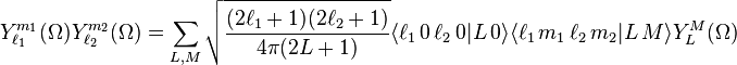 
  Y_{\ell_1}^{m_1}(\Omega) Y_{\ell_2}^{m_2}(\Omega)
  = \sum_{L, M}
    \sqrt{\frac{(2 \ell_1 + 1) (2 \ell_2 + 1)}{4 \pi (2 L + 1)}}
    \langle \ell_1 \, 0 \, \ell_2 \, 0 | L \, 0 \rangle
    \langle \ell_1 \, m_1 \, \ell_2 \, m_2 | L \, M \rangle
    Y_L^M (\Omega)
